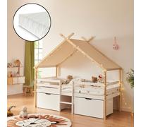 Lit de maison 'Surnadal' avec matelas 90 x 200 cm avec protection contre les chutes, échelle et toit amovible Bois de pin blanc / naturel