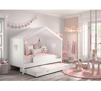 Lit de maison Vipack Amori avec protection anti-chute, surface de couchage 90 x 200 cm, y compris sommier à lattes et tiroir de lit, finition en pin et MDF laqué blanc