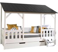 Lit de maison Vipack avec surface de couchage de 90 x 200 cm et tiroir de lit, corps laqué blanc, toit en noir