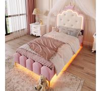 Lit de princesse, avec sommier à lattes, éclairage LED, rangement hydraulique, rose, 90x200cm
