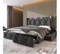 Lit de rangement 4 tiroirs - MINIMAL - Minimal Home - 160x200 cm - tête capitonnée gris (prises USB) - sommier bois