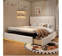 Lit de rangement barre lumineuse LED pour enfant,140x200 cm,beige, lit rembourré avec hydraulique, sans matelas,3 tiroirs,velours
