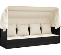 Lit de relaxation d'extérieur avec toit et coussins, transat en rotin réglable, chaise longue de jardin en polyrotin noir avec rembourrage, idéale pour terrasse et balcon, 203 cm