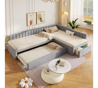 Lit de relaxation en forme de L, 90x200 cm, avec lit tiroir, canapé-lit avec tiroirs, revêtement en velours, lit d'appoint, lit pour enfant/adolescent avec espace de rangement, couleur gris
