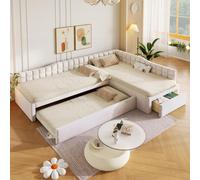 Lit de relaxation en forme de L, 90x200 cm, avec lit tiroir, canapé-lit avec tiroirs, revêtement en velours, lit d'appoint, lit pour enfant/adolescent avec espace de rangement, couleur beige