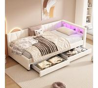Lit de repos canapé-lit 90×200cm (beige, lin) : compartiment rangement, USB+Type C, télécommande lumière LED, 2 tiroirs, sommier à lattes.