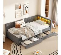 Lit de repos/canapé-lit 90x200cm (lin gris) : rangement (compartiment+2 tiroirs), USB+Type C, LED (télécommande), sommier lattes (sans matelas)