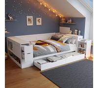 Lit de repos multifonctionnel en bois avec tiroirs, étagères, placards de rangement et tables de chevet, sans matelas, pour adolescents, lit double 140 x 200, blanc