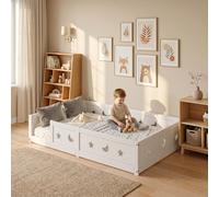 Lit de Sol 120 x 200 cm - Montessori - avec Protection Anti-Chute et sommier à Lattes - Design étoiles et Lune - Lit Enfant pour garçons et Filles - en Bois de pin Massif Blanc (Blanc A01, 120 x 200)