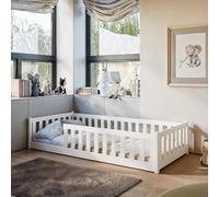 Lit d'enfant Lit de sol 90x190 cm Lit avec protection contre les chutes & sommier Montessori Lit Lit à barreaux Enfants Lit d'adolescent Lit simple en option avec matelas | pin blanc massif garçon fil