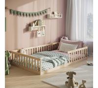 Lit de sol Lit avec protection contre les chutes & sommier à lattes Montessori Lit d'enfant Lit d'adolescent Lit simple en option avec matelas | pin naturel 140x200 cm
