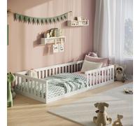 Lit de sol Lit avec protection contre les chutes & sommier à lattes Montessori lit enfant lit adolescent lit simple en option avec matelas | pin blanc 90x200 cm
