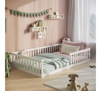 Lit de sol Lit avec protection contre les chutes & sommier à lattes Montessori Lit enfant Lit adolescent Lit simple en option avec matelas | pin blanc 120x200 cm