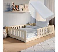 Lit d'enfant lit de sol 140x200 cm Lit avec matelas, protection contre les chutes & sommier Montessori Enfants Lit d'adolescent | pin naturel massif garçon fille