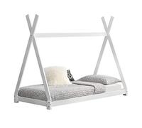 Lit de Tipi pour Enfant en Bois Naturel avec Sommier à Lattes Blanc Mat 200 x 90 cm