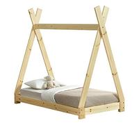 Lit de Tipi pour Enfant en Bois Naturel avec Sommier à Lattes Bois Naturel 140 x 70 cm