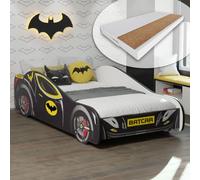 Lit de voiture 70x140 cm Lit d'enfant avec matelas Lit d'adolescent avec protection contre les chutes | Lit de jeu pour enfants Batman Batmobile Bat Car Lit de voiture en noir