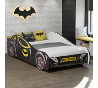 Lit de voiture 70x140 cm Lit d'enfant Lit d'adolescent avec protection contre les chutes | Lit de jeu pour enfants Batman Batmobile Bat Car Lit de voiture en noir