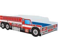 Lit de voiture 80x160 cm Lit de jeu pour enfants avec matelas, protection contre les chutes et sommier à lattes 160x80 cm Lit de voiture pour pompiers