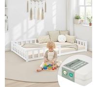 Lit D'Enfant 120x200 cm avec Matelas Lit Montessori avec Barriere en Bois Blanc Lit au Sol Bebe Lit Bas Lit Simple