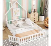 Lit d'enfant 140 x 190 cm en pin, lit en forme de maison avec cheminée et barrière de sécurité, structure robuste, silencieux, avec sommier à lattes, sans matelas, blanc