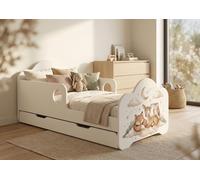 Lit d'enfant 140 x 70 cm avec tiroir, matelas, coffre de rangement, barrière de sécurité, ensemble complet, animaux, autocollants mignons