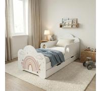 Lit d'enfant 140 x 70 cm avec tiroir, matelas, coffre de rangement, barrière de sécurité, ensemble complet, autocollants, pour fille, arc-en-ciel
