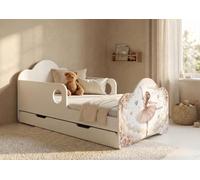Lit d'enfant 140 x 70 cm avec tiroir, matelas, coffre de rangement, barrière de sécurité, ensemble complet, thème princesse pour fille