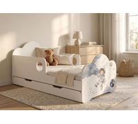Lit d'enfant 140 x 70 cm avec tiroir, matelas, coffre de rangement, barrière de sécurité, ensemble complet, autocollants