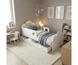Lit d'enfant 140 x 70 cm avec tiroir, matelas, coffre de rangement, barrière de sécurité, ensemble complet