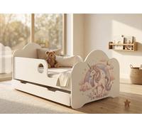 Lit d'enfant 140 x 70 cm avec tiroir, matelas, coffre de rangement, barrières de sécurité, ensemble complet, licorne, pour fille