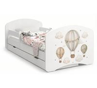 Lit d'enfant 140 x 70 cm, blanc | Motif ours et lapin avec arc-en-ciel | Ensemble complet comprenant un matelas et un tiroir