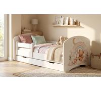 Lit d'enfant 140 x 70 cm, blanc | Motif ours et lapin avec arc-en-ciel | Ensemble complet comprenant un matelas et un tiroir