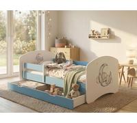 Lit d'enfant 140 x 70 cm bleu avec matelas et tiroir | Ensemble complet avec barrière de sécurité | Lit robuste pour la chambre d'enfant