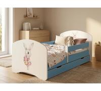 Lit d'enfant 140 x 70 cm bleu avec matelas et tiroir | Ensemble complet avec barrière de sécurité | Lit robuste pour la chambre d'enfant, motif lapin