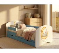 Lit d'enfant 140 x 70 cm bleu avec matelas et tiroir | Ensemble complet avec barrière de sécurité | Lit robuste pour la chambre d'enfant
