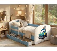 Lit d'enfant 140 x 70 cm bleu avec matelas et tiroir | Ensemble complet avec barrière de sécurité | Lit robuste pour la chambre d'enfant, chiens