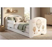 Lit d'enfant 160 x 80 cm, blanc | Motif ours et lapin avec arc-en-ciel | Ensemble complet comprenant un matelas et un tiroir