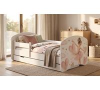 Lit d'enfant 160 x 80 cm, blanc | Motif ours et lapin avec arc-en-ciel | Ensemble complet comprenant un matelas et un tiroir