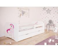 Lit d'enfant 180x80 avec protection antichute, sommier à lattes & tiroir en blanc 80 x 180 fille lit rose licorne
