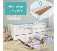 Lit d'enfant 70x140 cm avec matelas et tiroir, protection contre les chutes & sommier à lattes en blanc Lit complet Lit d'adolescent Lit simple en bois Garçon Fille