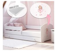 Lit d'enfant 70x140 cm avec matelas et tiroir, protection contre les chutes & sommier à lattes en blanc avec motif princesse Lit complet Lit d'adolescent Lit simple en bois