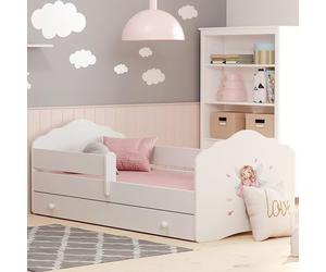 Lit d'enfant 70x140 cm avec matelas et tiroir Sommier à lattes & protection antichute amovible Lit pour enfants Ensemble complet en blanc avec motif princesse