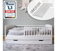Lit d'enfant 70x140 cm avec matelas, sommier à lattes, tiroir et protection contre les chocs en bois massif blanc - 140 x 70 cm taille parfaite après le lit à barreaux lit bébé