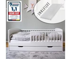 Lit d'enfant 70x140 cm avec matelas, sommier à lattes, tiroir et protection contre les chocs en bois massif blanc - 140 x 70 cm taille parfaite après le lit à barreaux lit bébé