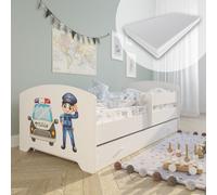 Lit d'enfant 80x160 cm avec matelas et tiroir, protection contre les chutes & sommier à lattes en blanc avec motif police Lit complet Lit d'adolescent Lit simple en bois