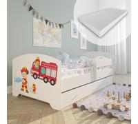 Lit d'enfant 80x160 cm avec matelas et tiroir, protection contre les chutes & sommier à lattes en blanc avec motif de pompiers Lit complet Lit d'adolescent Lit simple en bois