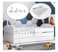 Lit d'enfant 80x160 cm avec matelas et tiroir, protection contre les chutes & sommier à lattes en blanc avec motif dinosaure Lit complet Lit d'adolescent Lit simple Bois