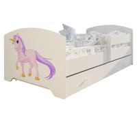 Lit d'enfant 80x160 cm avec matelas et tiroir, protection contre les chutes & sommier à lattes en blanc avec motif licorne Lit complet Lit d'adolescent Lit simple en bois