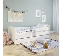 Lit d'enfant 80x160 cm avec matelas et tiroir, protection contre les chutes & sommier à lattes en blanc Lit complet Lit d'adolescent Lit simple en bois Garçon Fille